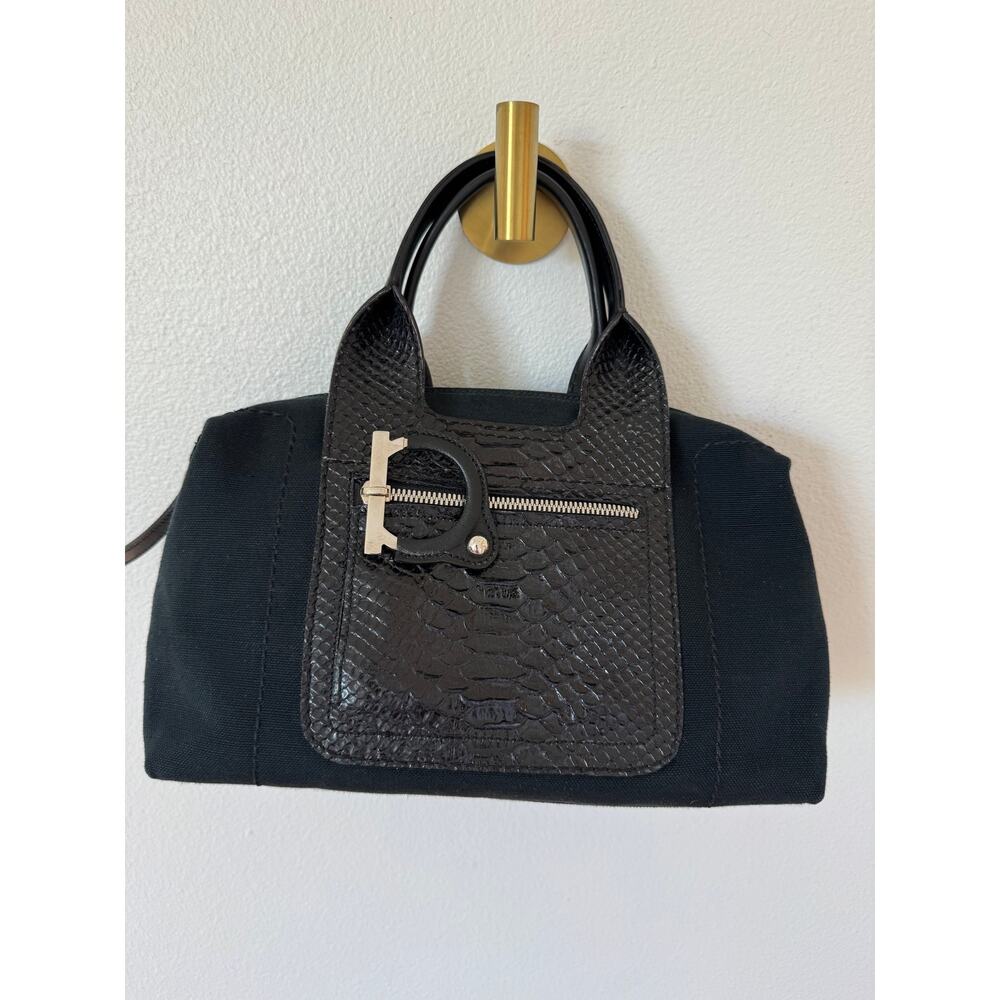 Vtg Salvatore Ferragamo Gancini Black Canvas Snakeskin Satchel Top Handle Bag
